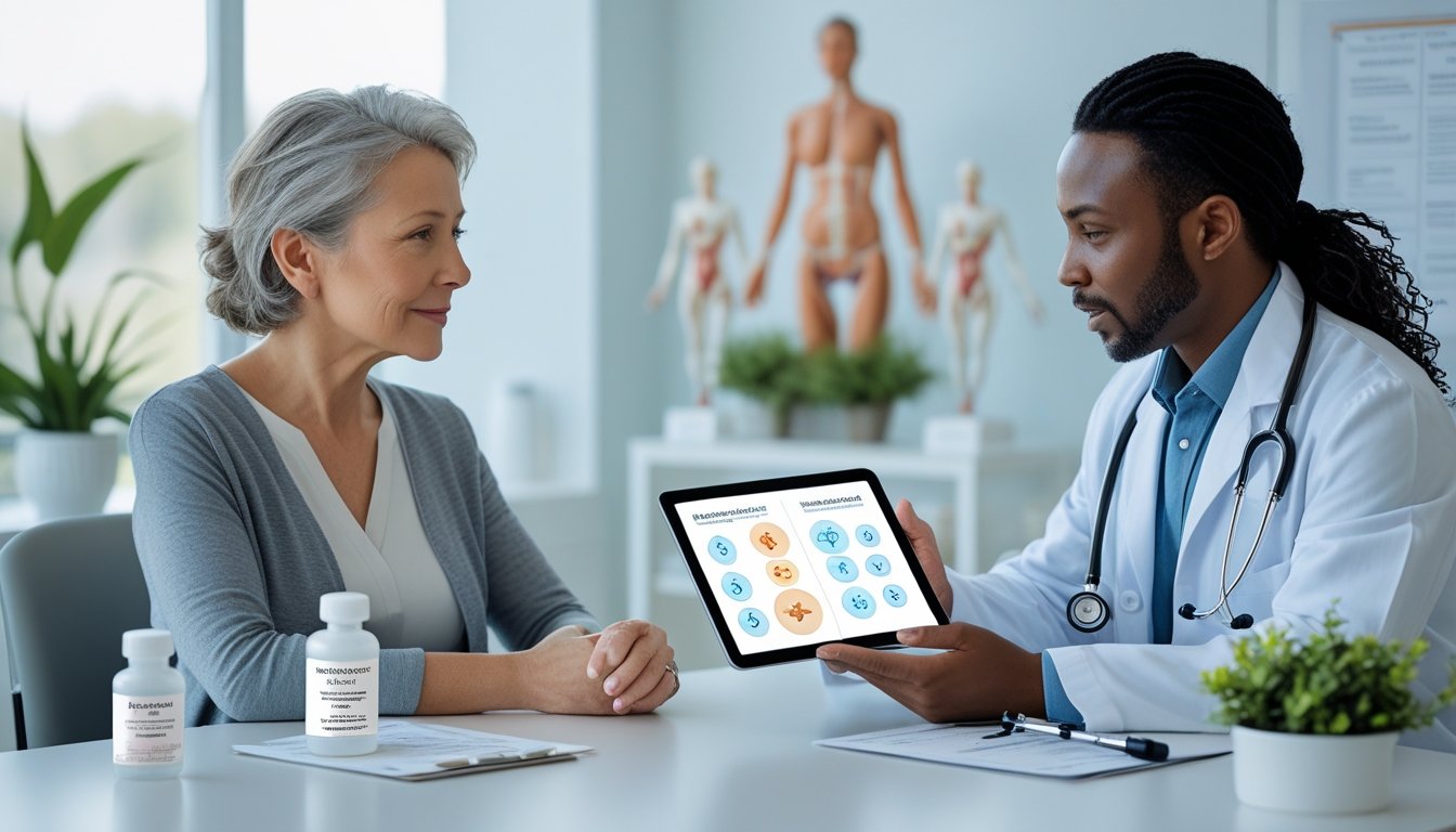 v2-10v5aw-hsqee - Preventive Medicine Daily A middle-aged woman and a doctor discussing hormone therapy options in a bright medical office with hormone-related items on the table.