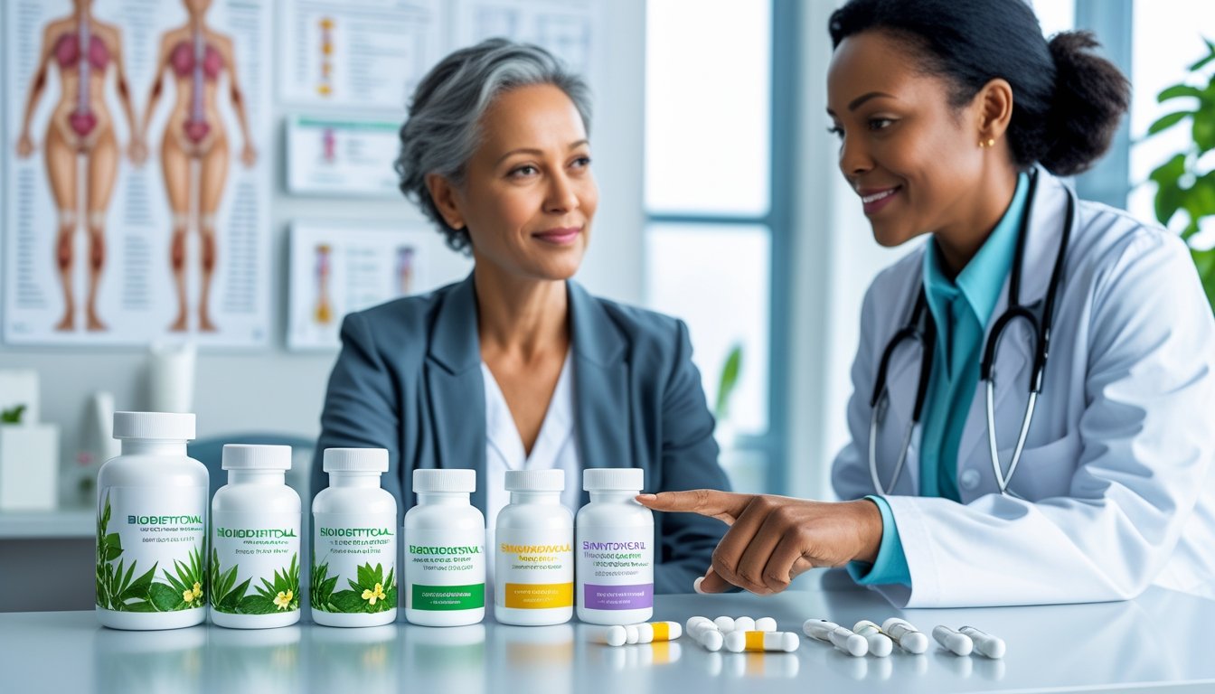 v2-10v5bg-en70k - Preventive Medicine Daily A middle-aged woman consulting with a healthcare professional in a medical office, discussing two types of hormone medications placed on a table.