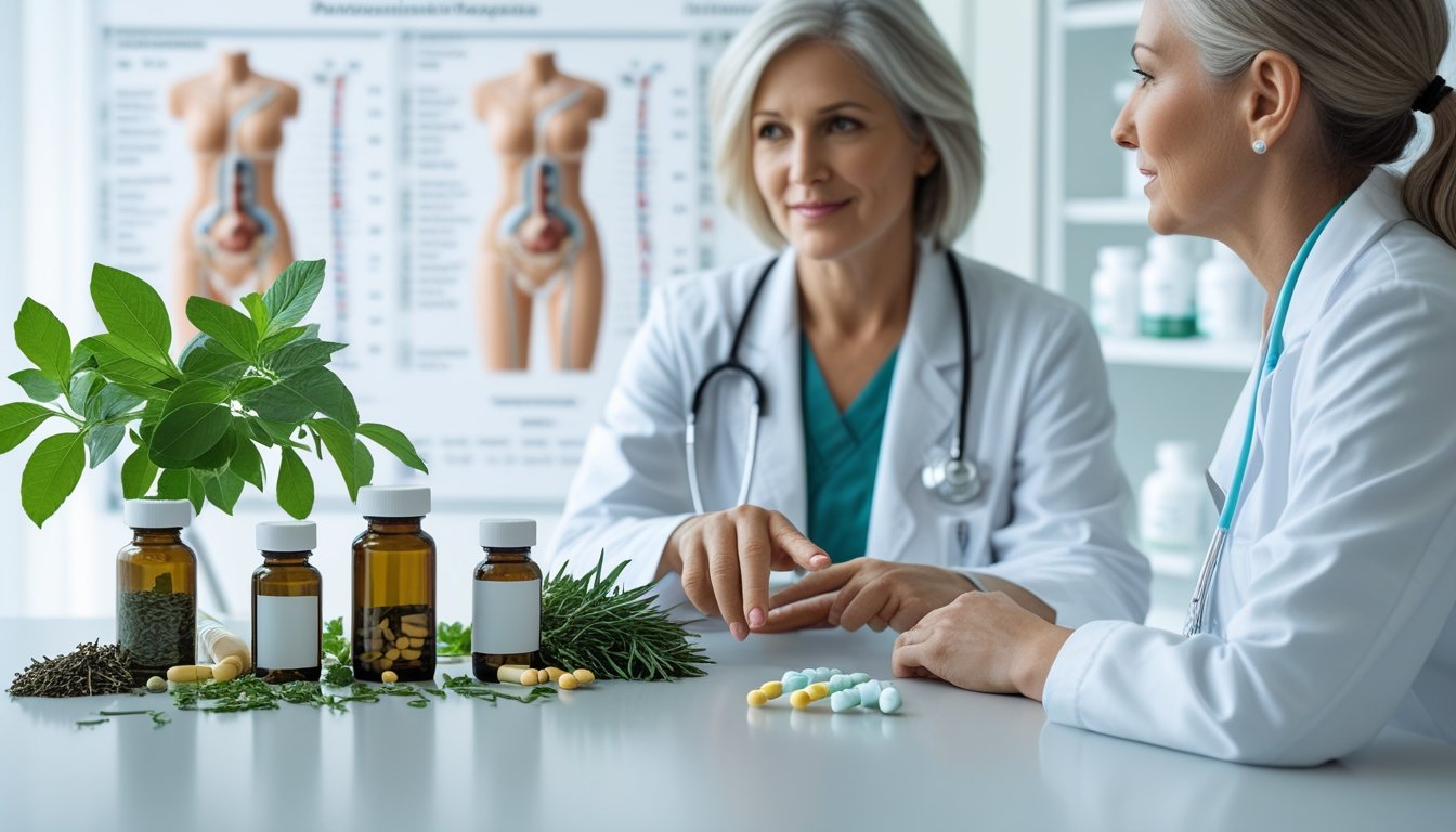 v2-10v5bz-7w9xf - Preventive Medicine Daily A middle-aged woman consulting a healthcare professional with natural herbs and pharmaceutical pills displayed on a table between them.