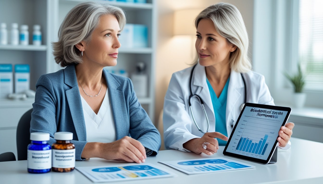 v2-10v5co-nwz3a - Preventive Medicine Daily A middle-aged woman discussing hormone treatment options with a healthcare professional in a medical office.