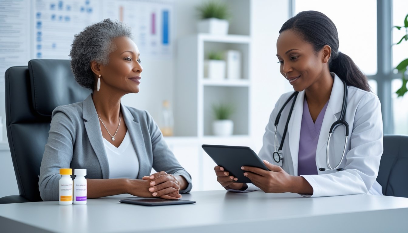 v2-10v5dg-625uf - Preventive Medicine Daily A middle-aged woman consulting with a female healthcare professional in a bright medical office, discussing hormone treatment options.