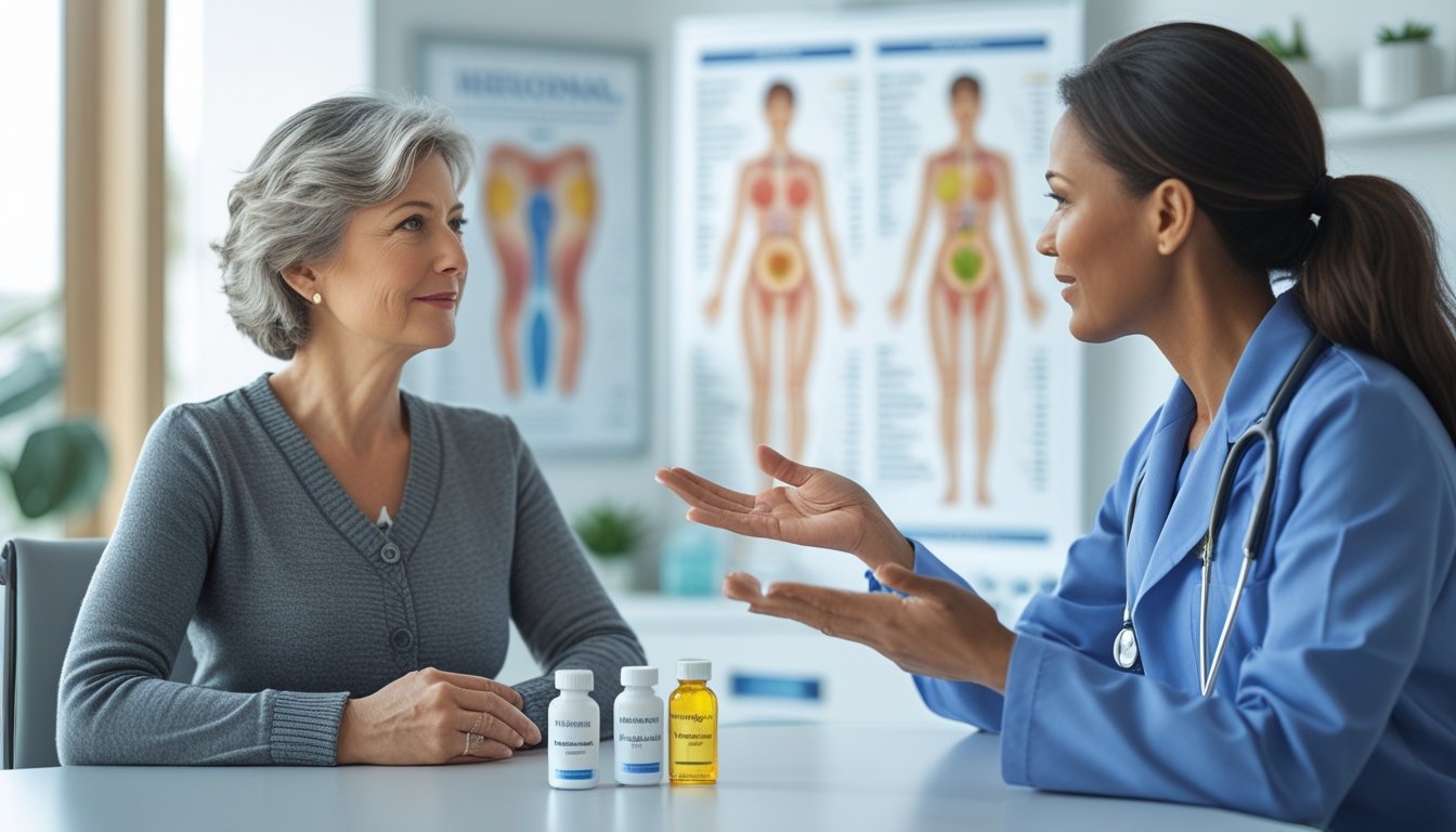v2-10v5e0-bl16k - Preventive Medicine Daily A middle-aged woman consulting with a healthcare professional in a medical office, discussing hormone therapy options with hormone containers on the desk.
