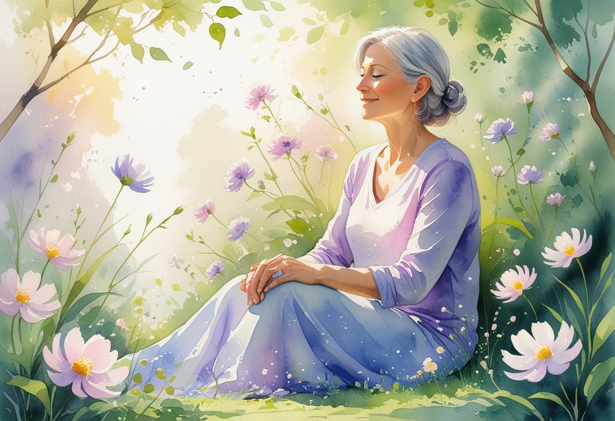 v2-10v5zx-aayyb - Preventive Medicine Daily A middle-aged woman sitting peacefully in a garden surrounded by flowers and greenery, looking calm and content.