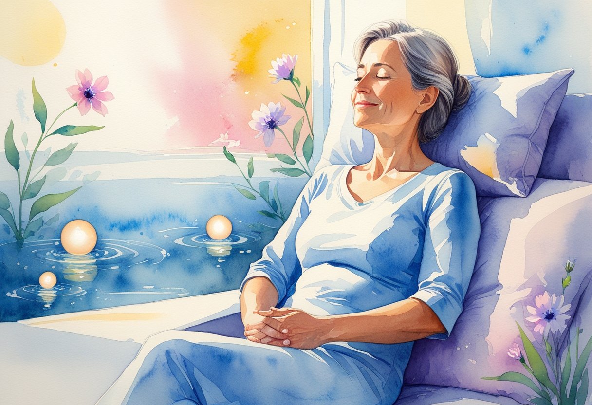 v2-10v60j-857kb - Preventive Medicine Daily A middle-aged woman sitting peacefully in a sunlit room surrounded by blooming flowers and soft colors, conveying calmness and renewal.