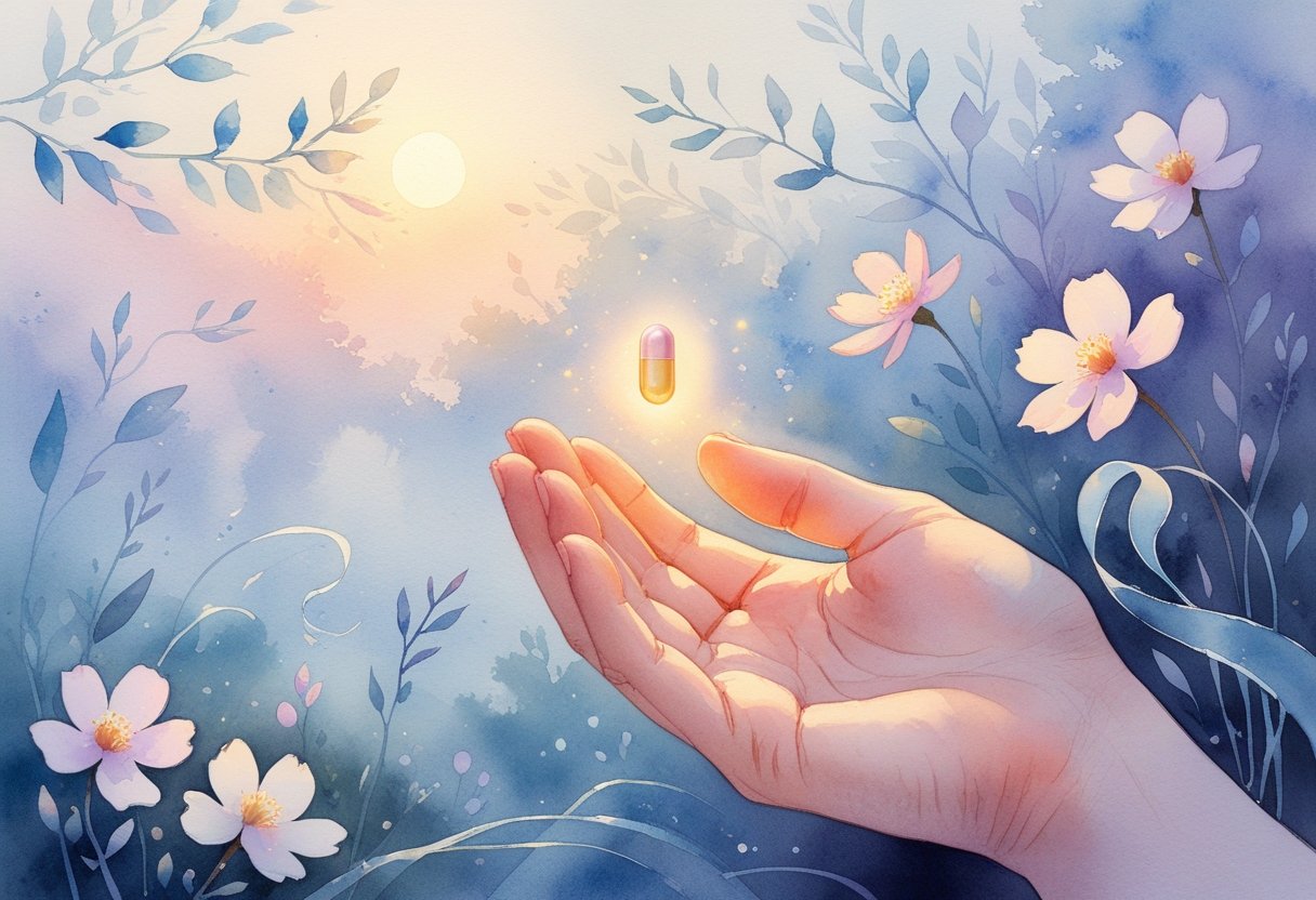 v2-10v61f-uvdfd - Preventive Medicine Daily A hand holding a small glowing pellet with blooming flowers and soft sunlight in the background, symbolizing healing and renewal.