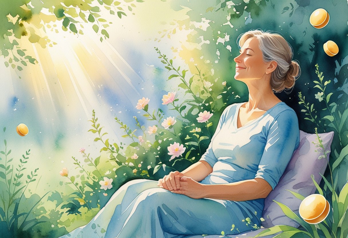 v2-10v624-kx0lm - Preventive Medicine Daily A middle-aged woman sitting peacefully in a sunlit garden surrounded by flowers and greenery, looking calm and content.