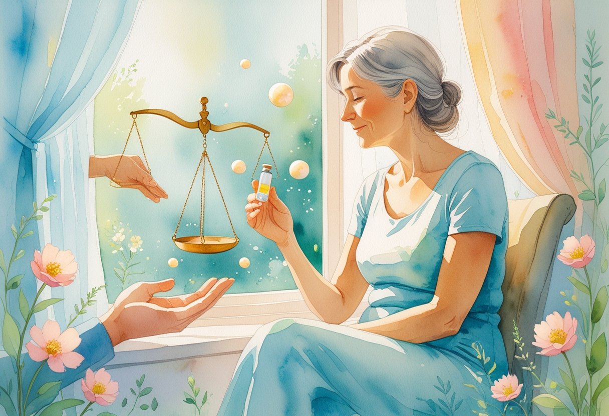 v2-10v633-pvbc5 - Preventive Medicine Daily A middle-aged woman sitting peacefully by a window holding a small vial, surrounded by gentle symbols of balance and protection, with flowers and soft greenery in the background.