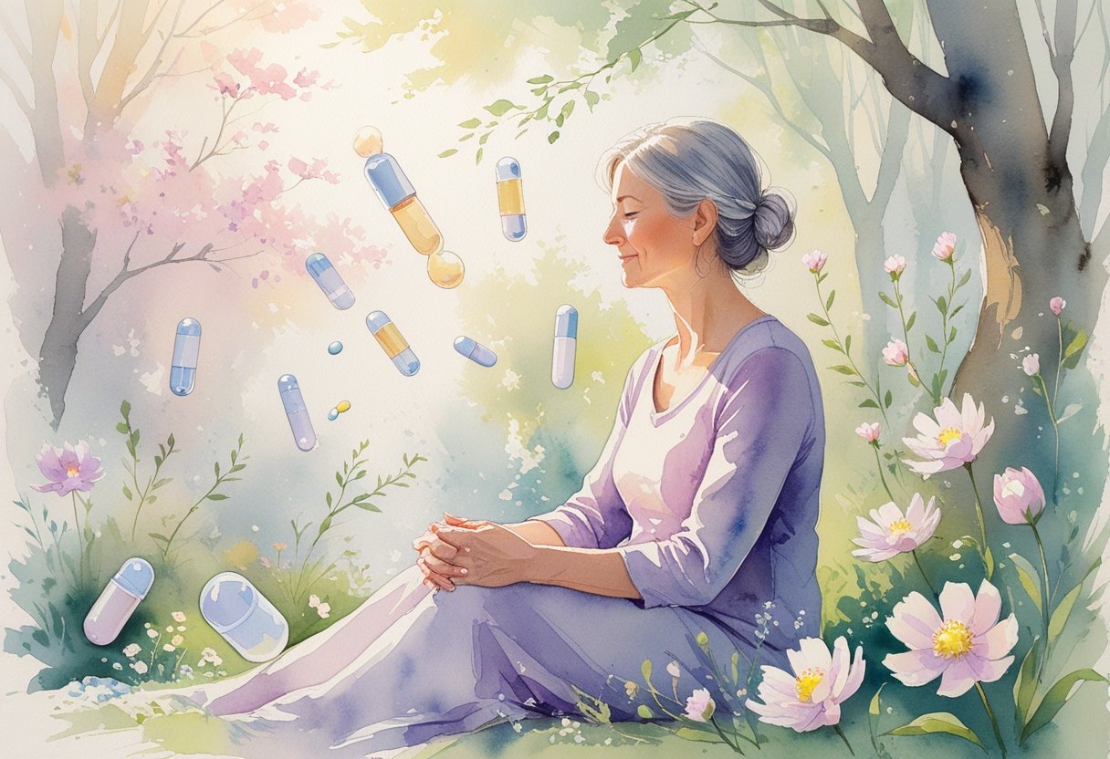 v2-10v63u-kgscv - Preventive Medicine Daily A middle-aged woman sitting peacefully outdoors surrounded by symbolic representations of menopause treatments including hormone pellets, pills, and natural remedies.