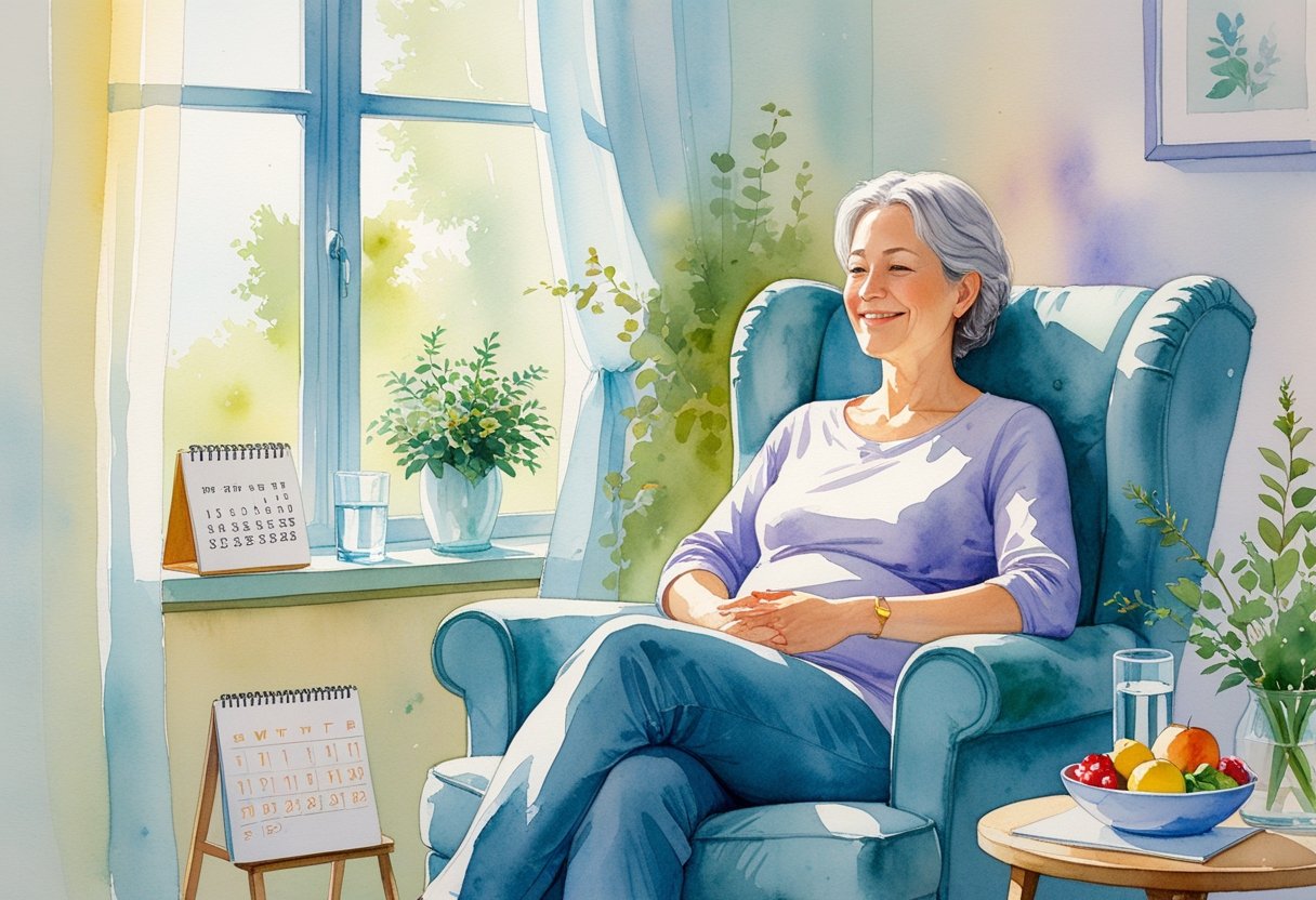 v2-10v64g-0tz9a - Preventive Medicine Daily A middle-aged woman sitting comfortably in a cozy armchair by a window with natural light, surrounded by a calendar, a glass of water, and fresh fruits, conveying a peaceful and supportive environment.