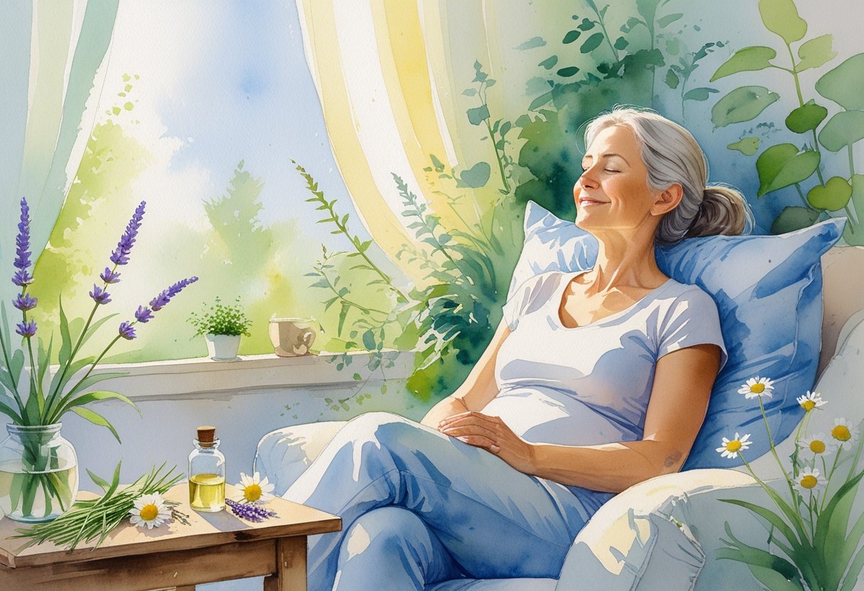 v2-10v654-ldhcl - Preventive Medicine Daily A middle-aged woman sitting peacefully in a sunlit room surrounded by plants and natural items on a table, conveying calmness and renewal.