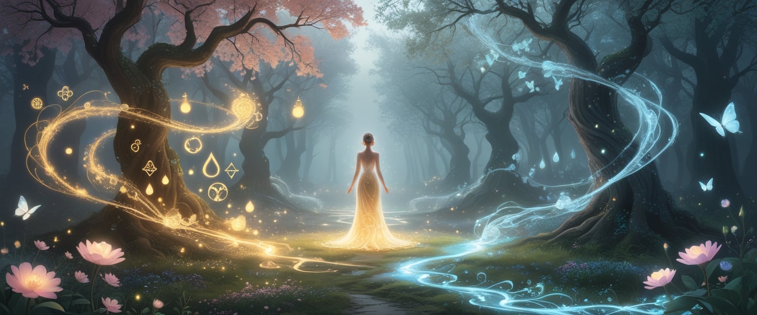 v2-10v6if-no8zy - Preventive Medicine Daily A glowing female figure stands at a magical crossroads in an enchanted forest, with one path lit by golden light and floating vials, and the other path bathed in silvery moonlight with subtle medical elements, surrounded by glowing flowers and butterflies.