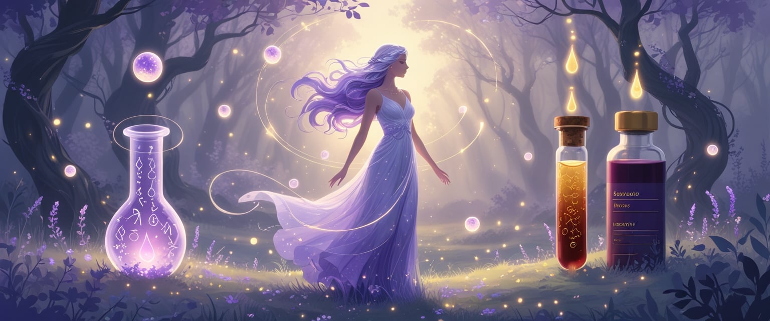 v2-10v6iw-d02nd - Preventive Medicine Daily A radiant woman with flowing silver hair stands in a glowing forest surrounded by floating orbs and mystical vials, symbolizing hormonal balance and transformation.