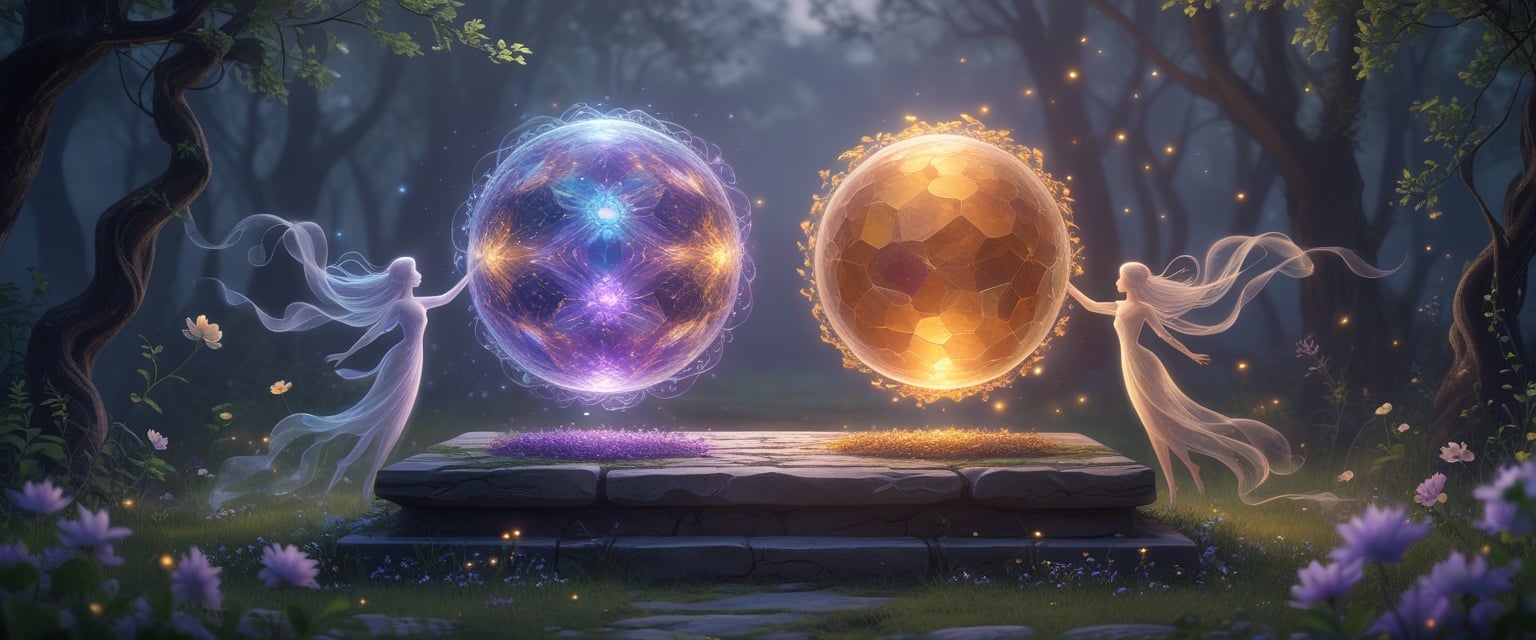 v2-10v6jw-5jxff - Preventive Medicine Daily A mystical forest clearing with two glowing orbs floating above a stone altar, surrounded by gentle wisps and blooming vines.
