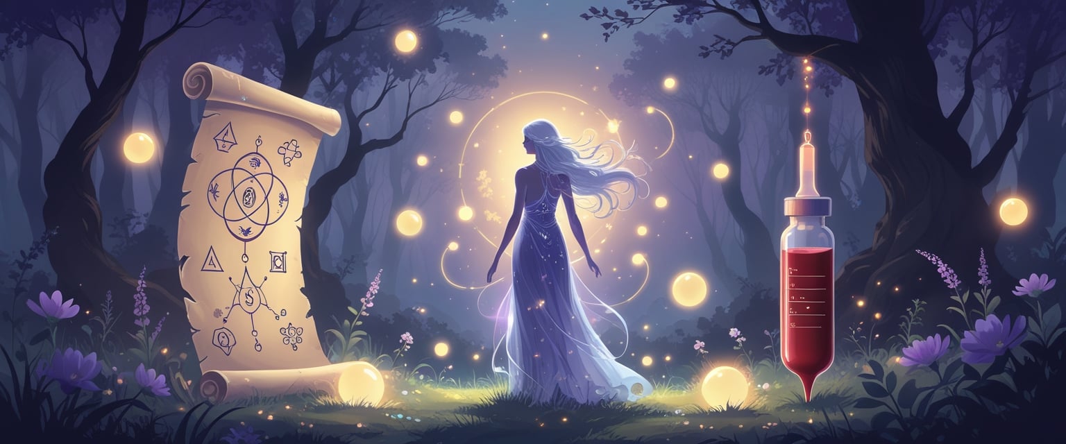 v2-10v6kn-fa35g - Preventive Medicine Daily A glowing female figure stands in a mystical forest surrounded by floating orbs, an ancient scroll on one side and a glowing blood vial on the other, with soft twilight colors and blooming flowers in the background.