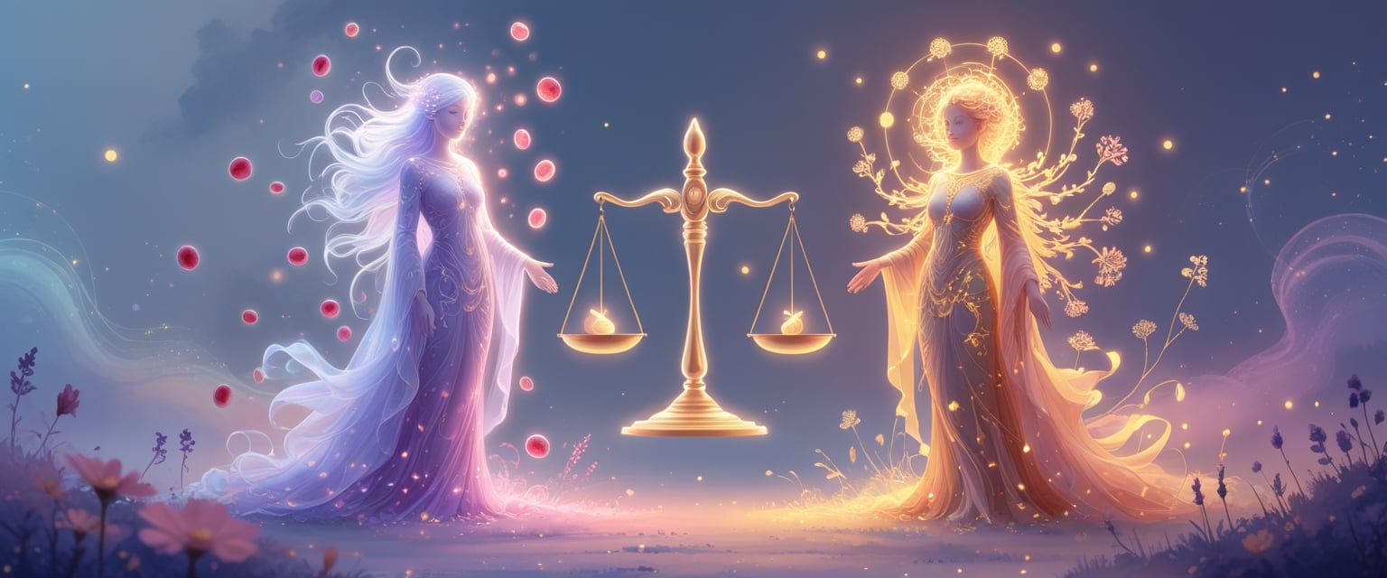 v2-10v6lj-y9zth - Preventive Medicine Daily Two glowing figures representing different medical tests stand on either side of a floating balance in a misty, pastel-colored landscape with soft lights and abstract symbols of blood and hormones.