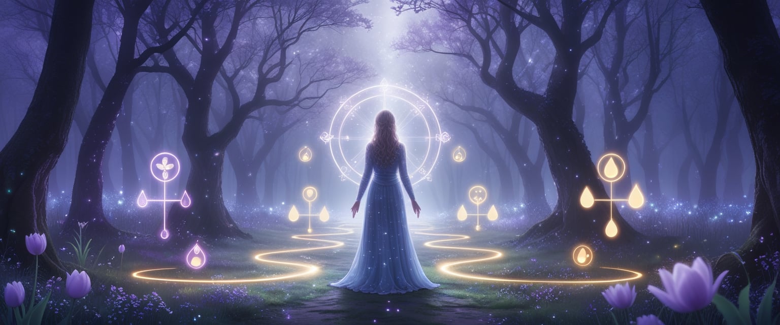 v2-10v6n5-30all - Preventive Medicine Daily A glowing woman stands at a forest crossroads with two illuminated paths, surrounded by floating symbols representing hormones and medical tests.