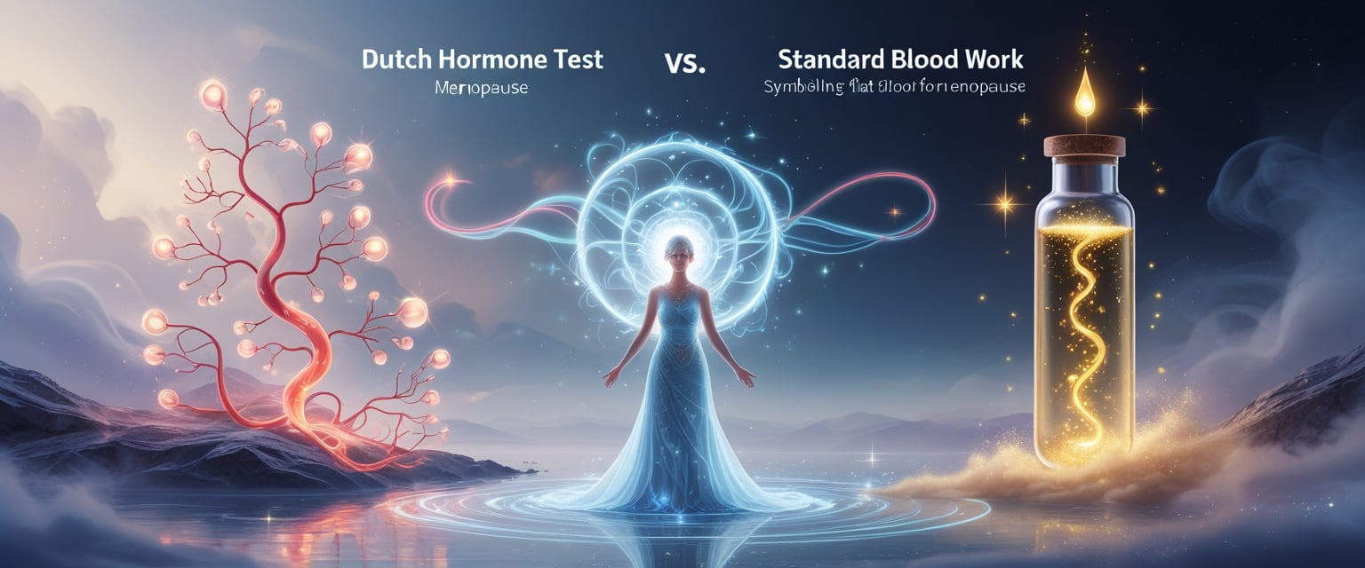 v2-10v6o3-fmzfn - Preventive Medicine Daily A glowing female figure stands between glowing blood vessels and a magical vial, surrounded by mist and soft light in a celestial landscape.