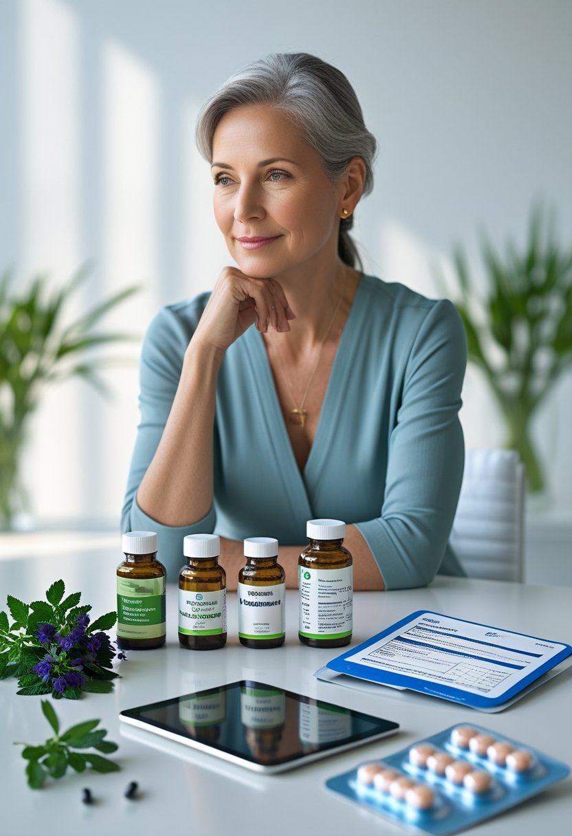 v2-10v6yc-4t8le - Preventive Medicine Daily A middle-aged woman sitting at a table with menopause supplements on one side and prescription hormone therapy items on the other, looking thoughtfully at both.