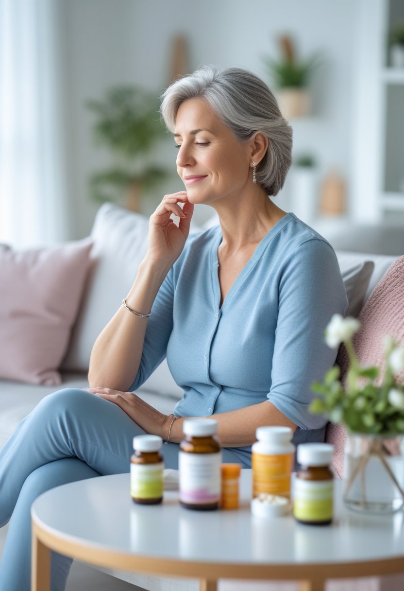 v2-10v6yw-261fx - Preventive Medicine Daily A middle-aged woman sitting in a bright living room, looking thoughtful with supplement bottles and medication on a nearby table.
