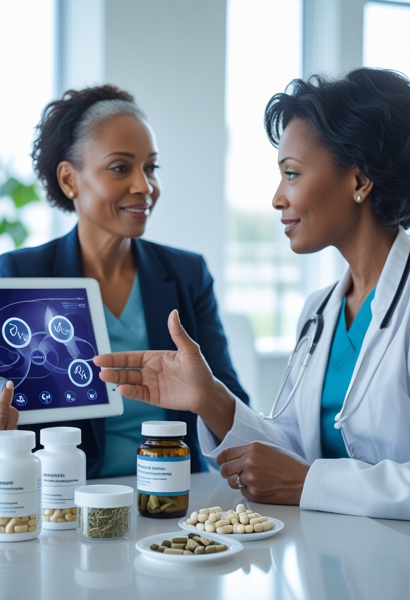 v2-10v6zi-3xyvc - Preventive Medicine Daily A middle-aged woman consulting with a female healthcare professional at a desk, discussing menopause treatment options with medication bottles and supplements present.