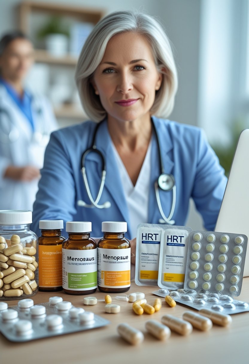 v2-10v70b-6xas8 - Preventive Medicine Daily A middle-aged woman thoughtfully comparing menopause supplements and prescription hormone replacement therapy medications displayed on a table in a healthcare setting.