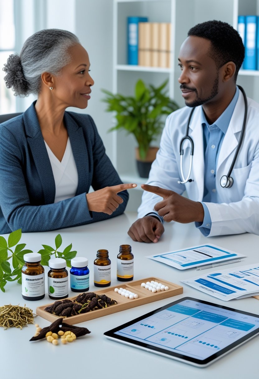 v2-10v715-ju2dx - Preventive Medicine Daily A middle-aged woman and a healthcare professional discussing menopause treatment options with supplements and prescription medications on the desk between them.