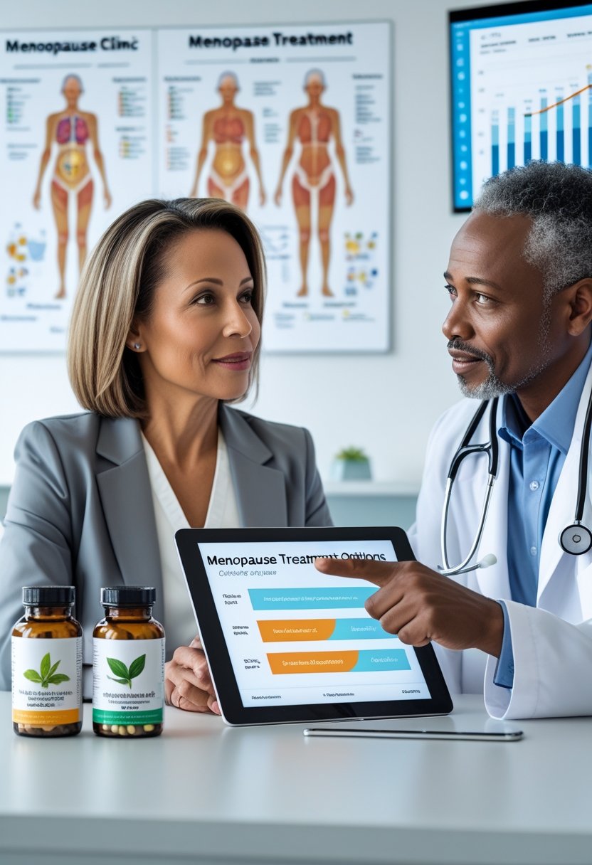 v2-10v721-38f3t - Preventive Medicine Daily A middle-aged woman consulting with a healthcare professional in a clinic, discussing menopause treatment options with supplement and prescription medication bottles on the table.