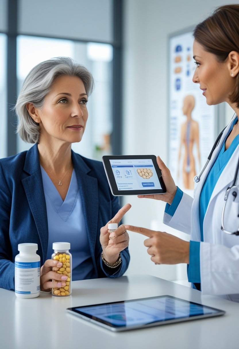 v2-10v72t-96n7t - Preventive Medicine Daily A middle-aged woman discusses menopause treatment options with a female healthcare professional in a medical office.