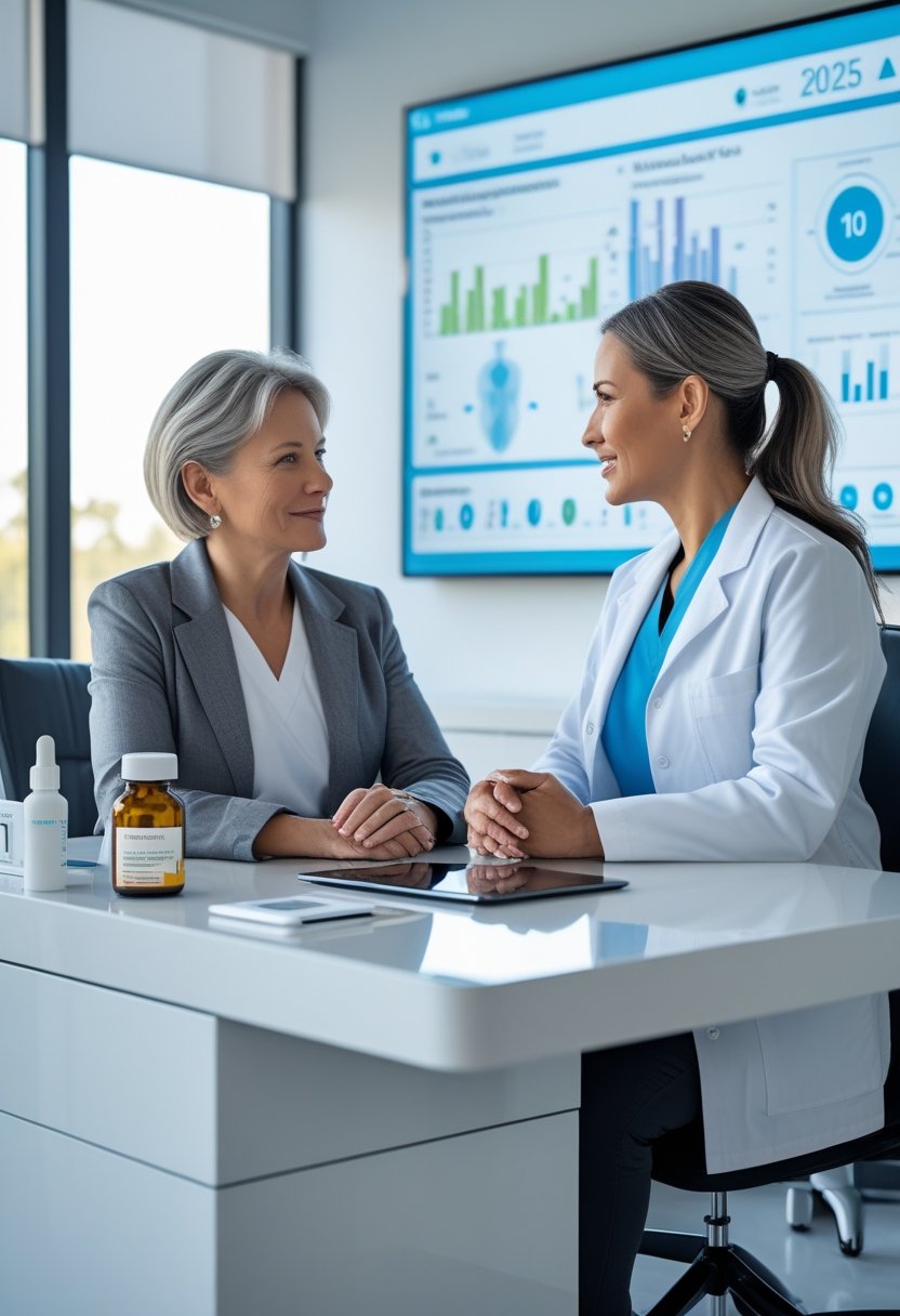 v2-10v73j-ylvjo - Preventive Medicine Daily A middle-aged woman consulting with a female healthcare professional in a modern medical office, with menopause supplements and prescription medication on the desk.