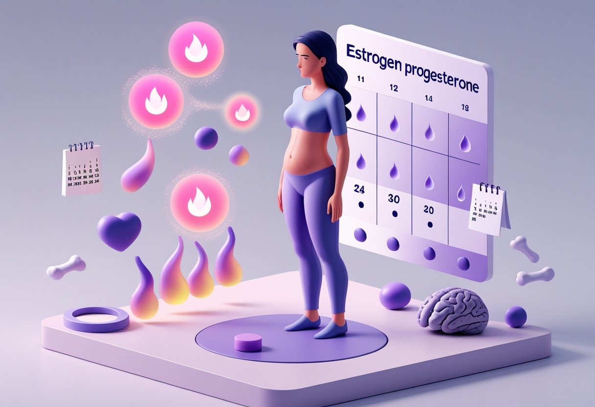 v2-10v79e-chduh - Preventive Medicine Daily A midlife woman with highlighted reproductive organs surrounded by hormone molecules and icons representing menopause symptoms like hot flashes, mood changes, and bone health.