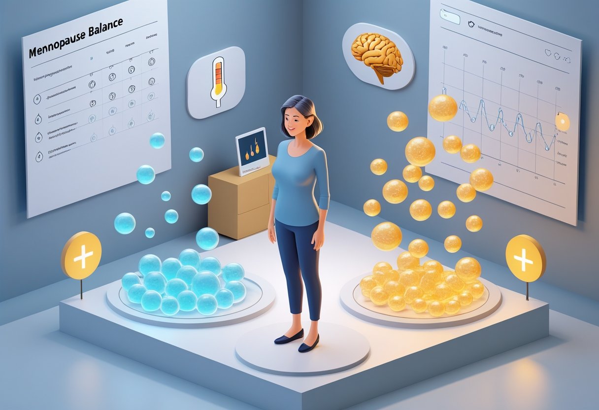 v2-10v79x-luqzf - Preventive Medicine Daily A middle-aged woman in a medical consultation room surrounded by glowing blue and golden orbs representing estrogen and progesterone, with icons symbolizing menopause symptoms and hormone balance.