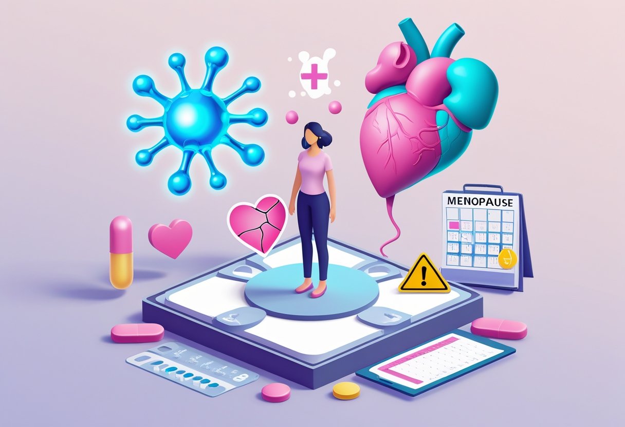 v2-10v7aq-tiibt - Preventive Medicine Daily An illustration showing a woman surrounded by symbols representing estrogen and the absence of progesterone, with icons indicating health risks like heart problems and bone weakness.