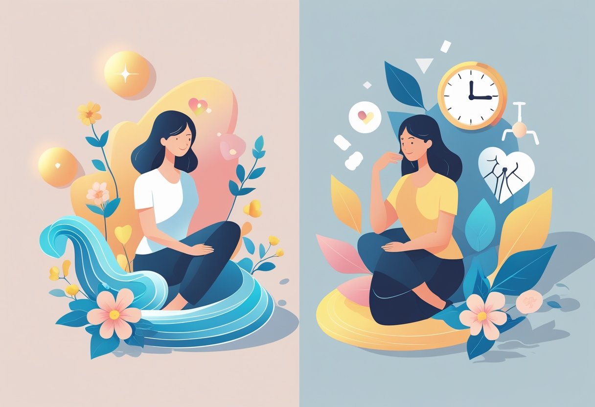 v2-10v7bk-7rv1k - Preventive Medicine Daily An isometric illustration showing a woman experiencing both positive and negative effects of estrogen-only therapy during menopause, with symbols representing health benefits on one side and potential risks on the other.