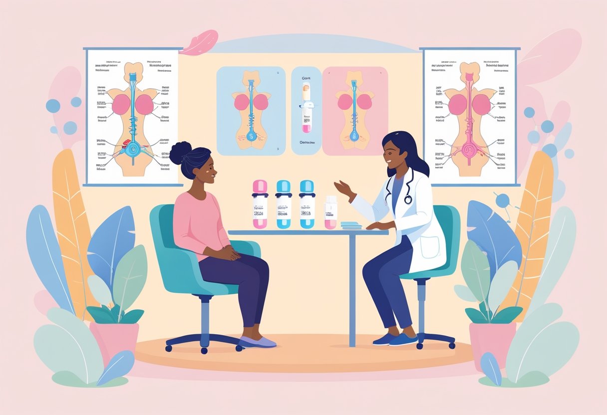 v2-10v7cg-i2e3t - Preventive Medicine Daily A middle-aged woman consulting with a healthcare professional in a clinic room, with visual elements representing estrogen and progesterone on the desk.