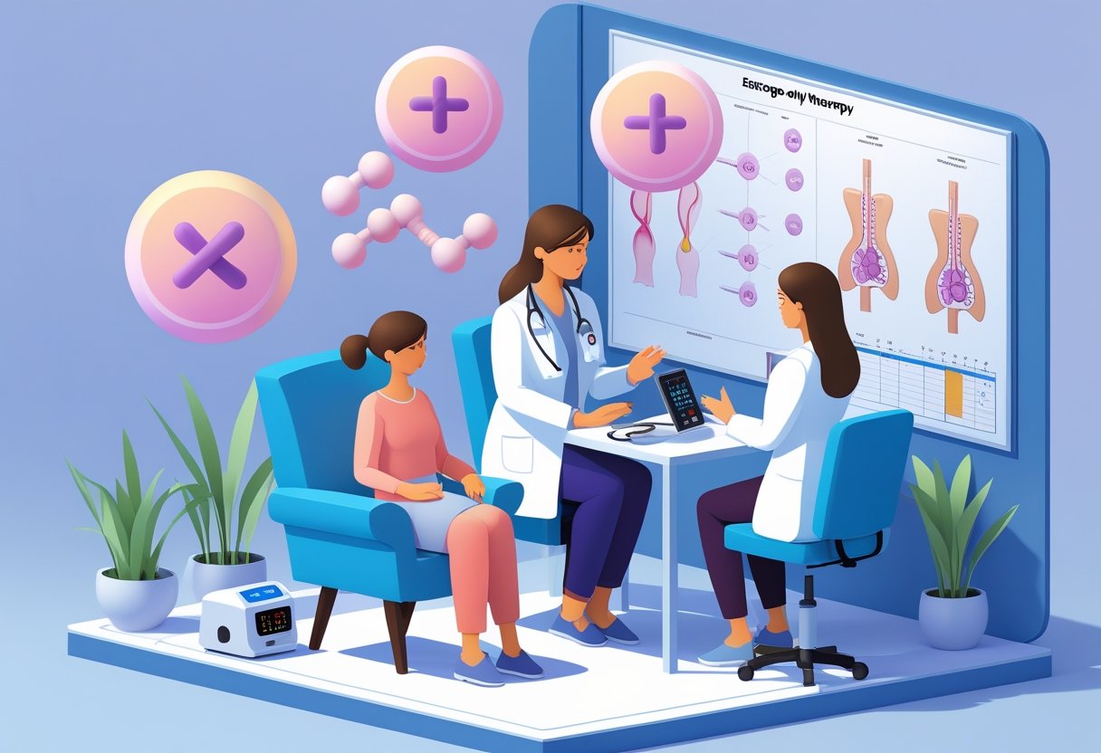 v2-10v7d5-lmd68 - Preventive Medicine Daily A female patient and doctor in a clinic discussing hormone therapy, with medical devices and hormone icons around them.