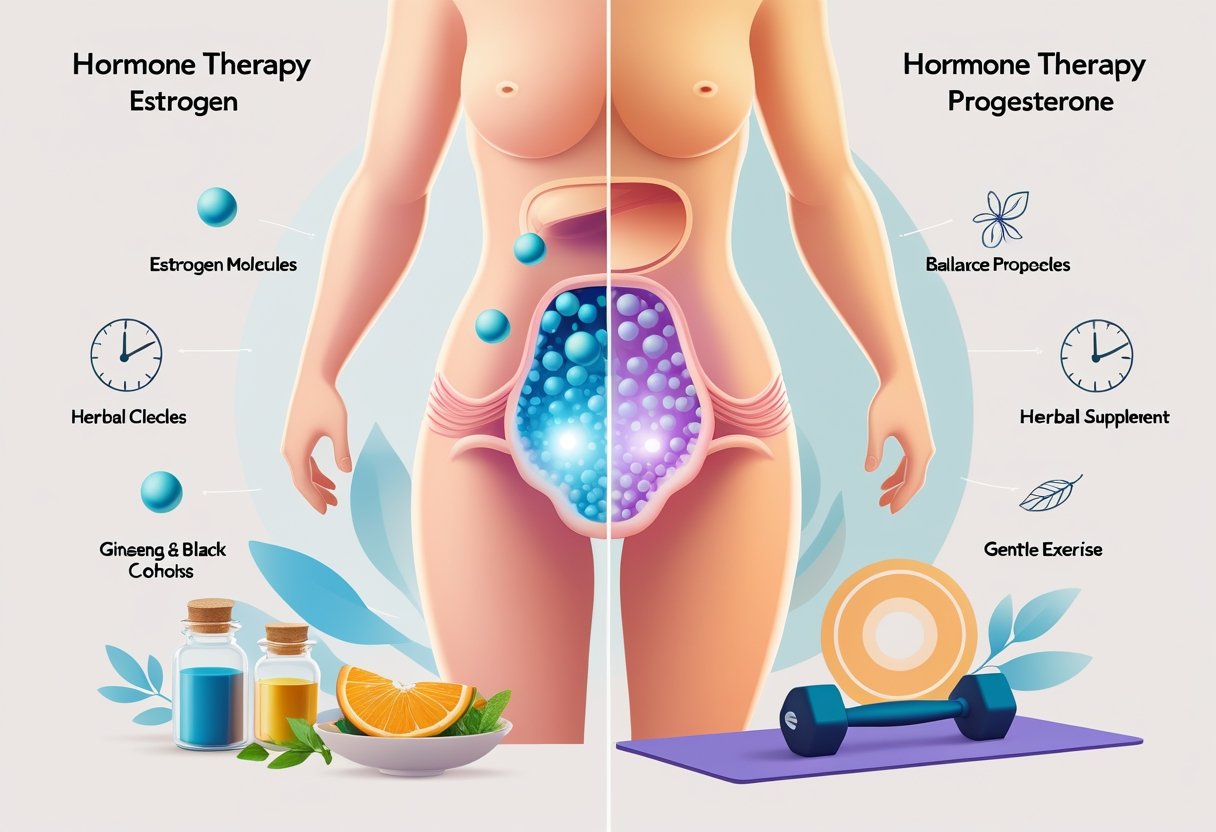 v2-10v7du-ik28k - Preventive Medicine Daily An isometric illustration showing a female torso with highlighted reproductive system, blue estrogen molecules interacting on one side and absence of progesterone on the other, surrounded by herbal supplements, healthy food, and exercise items.