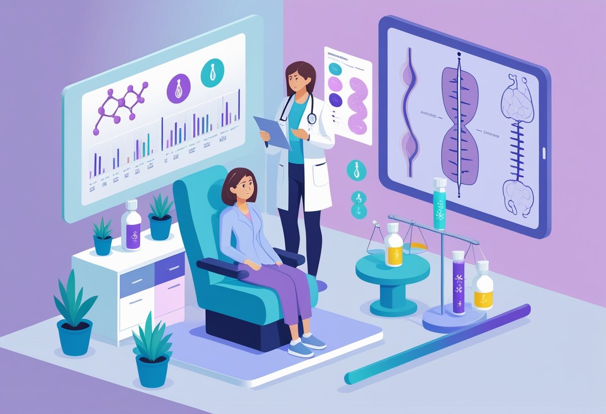 v2-10v7em-39ppw - Preventive Medicine Daily A female patient and a healthcare professional discussing hormone treatment in a clinic room with bottles representing estrogen and progesterone on a table, alongside medical icons and charts.