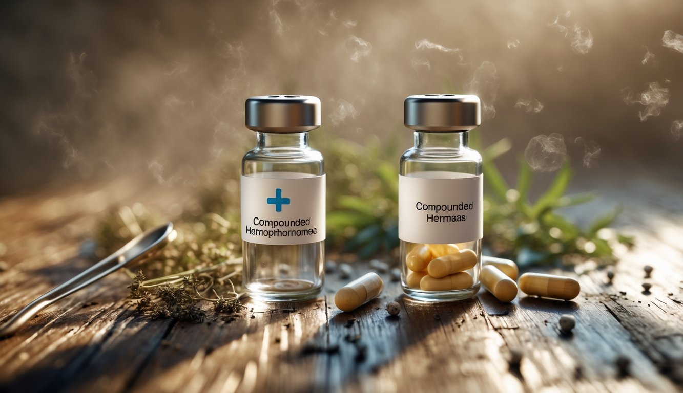 v2-10v7n1-0s2ff - Preventive Medicine Daily Two glass vials on a wooden table surrounded by dried herbs and capsules, representing a comparison between compounded hormones and FDA-approved hormone therapy.