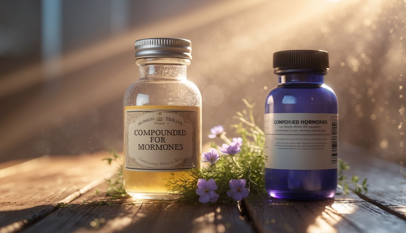 v2-10v7nl-4kz3w - Preventive Medicine Daily Two glass medicine bottles on a wooden table with natural herbs between them, softly lit with a blurred background.