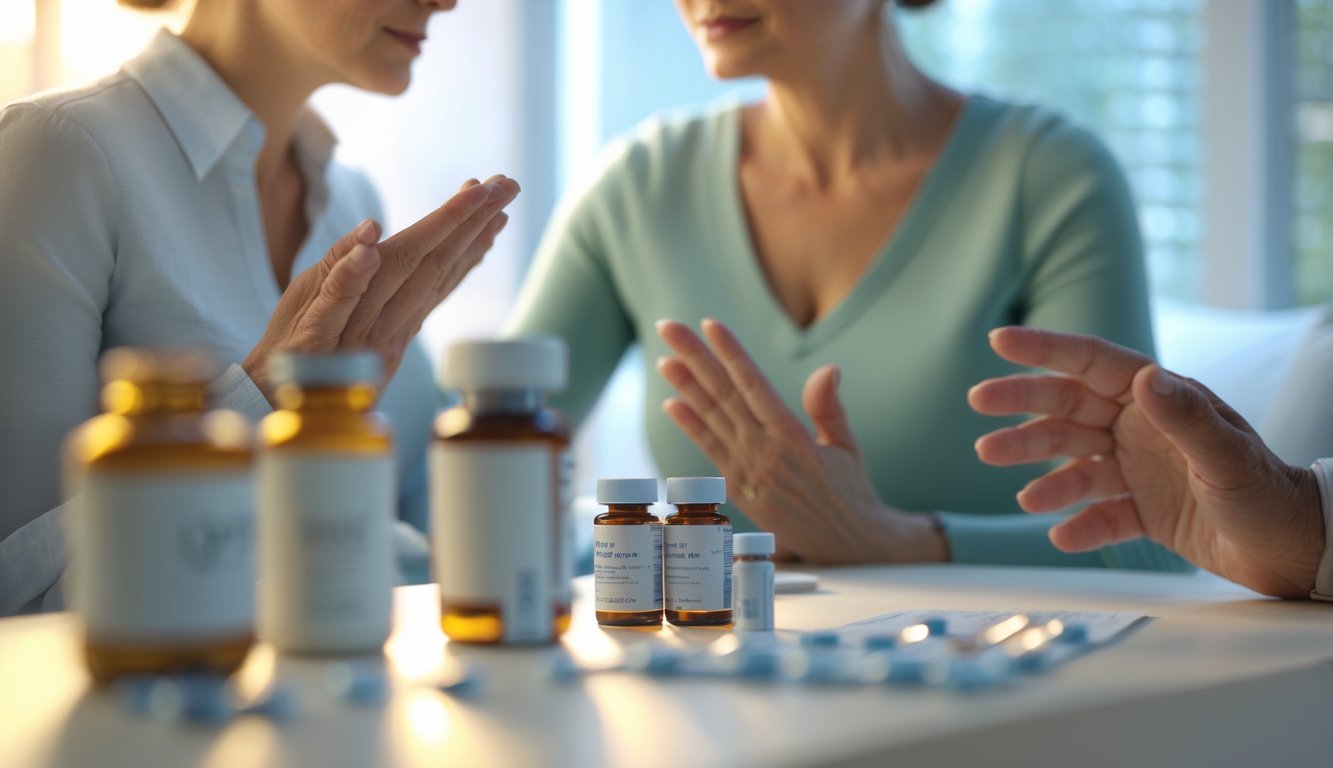 v2-10v7p8-o28pa - Preventive Medicine Daily A middle-aged woman and a healthcare professional discuss hormone therapy options in a softly lit medical consultation room.