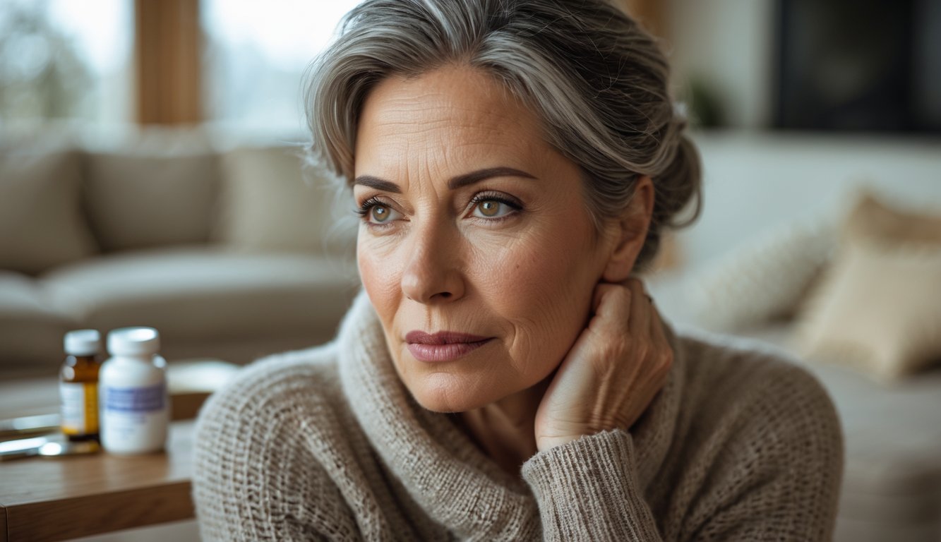 v2-10v7qx-wzael - Preventive Medicine Daily A mature woman sitting thoughtfully in a living room with medication bottles on a table nearby, reflecting on menopause treatment options.