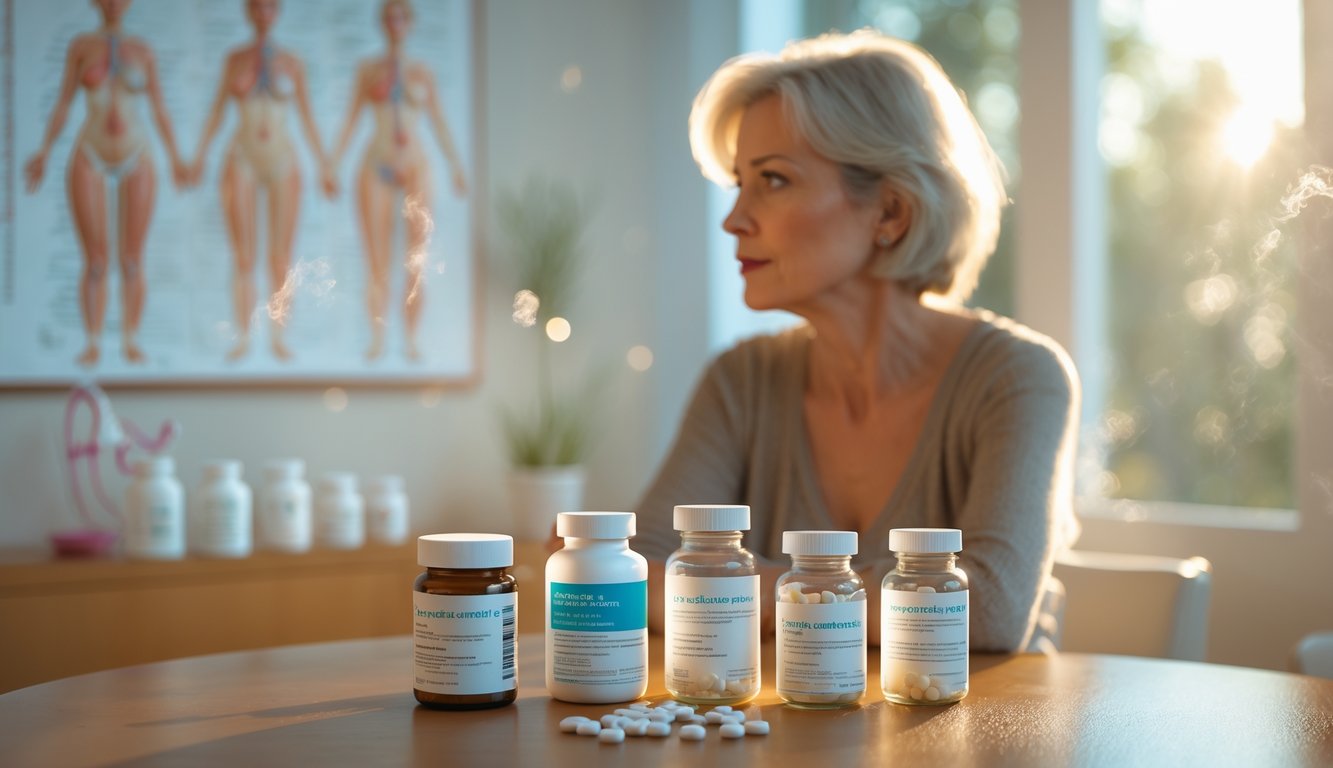 v2-10v7rr-w4nan - Preventive Medicine Daily A middle-aged woman sits at a wooden table in a medical consultation room, looking thoughtfully at two sets of hormone therapy products, one FDA-approved and one compounded, with medical charts and models in the background.