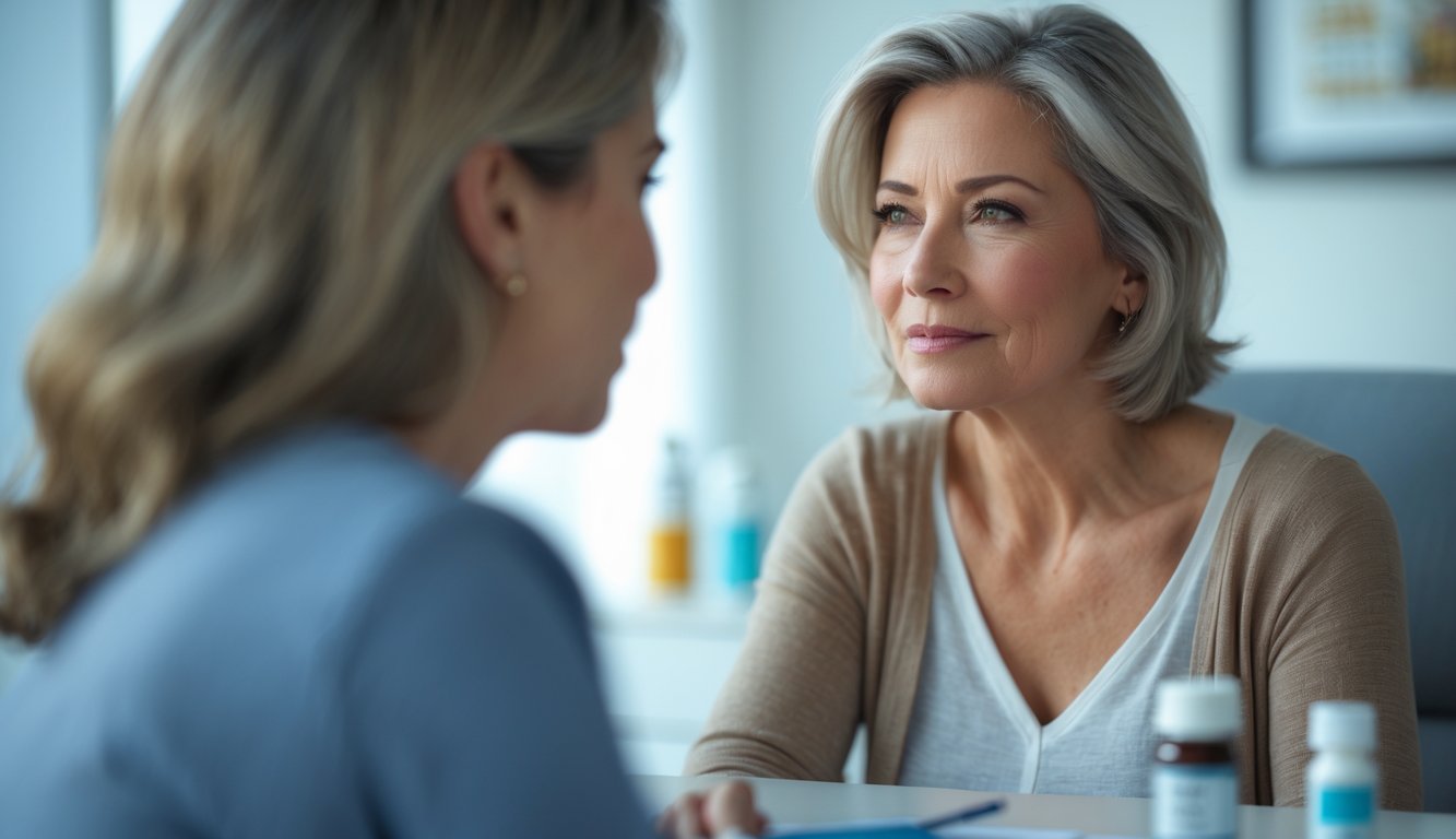 v2-10v7sf-3oflp - Preventive Medicine Daily A middle-aged woman in a medical consultation room talking with a healthcare professional, with hormone medication visible in the background.