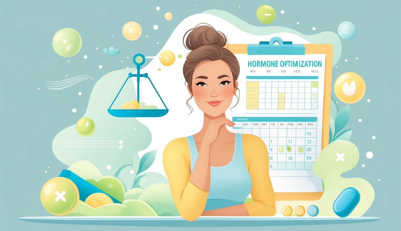 v2-10v7z3-1ujwb - Preventive Medicine Daily A confident woman in her early 50s surrounded by symbols of hormone balance, wellness, and medical elements like charts and supplements.