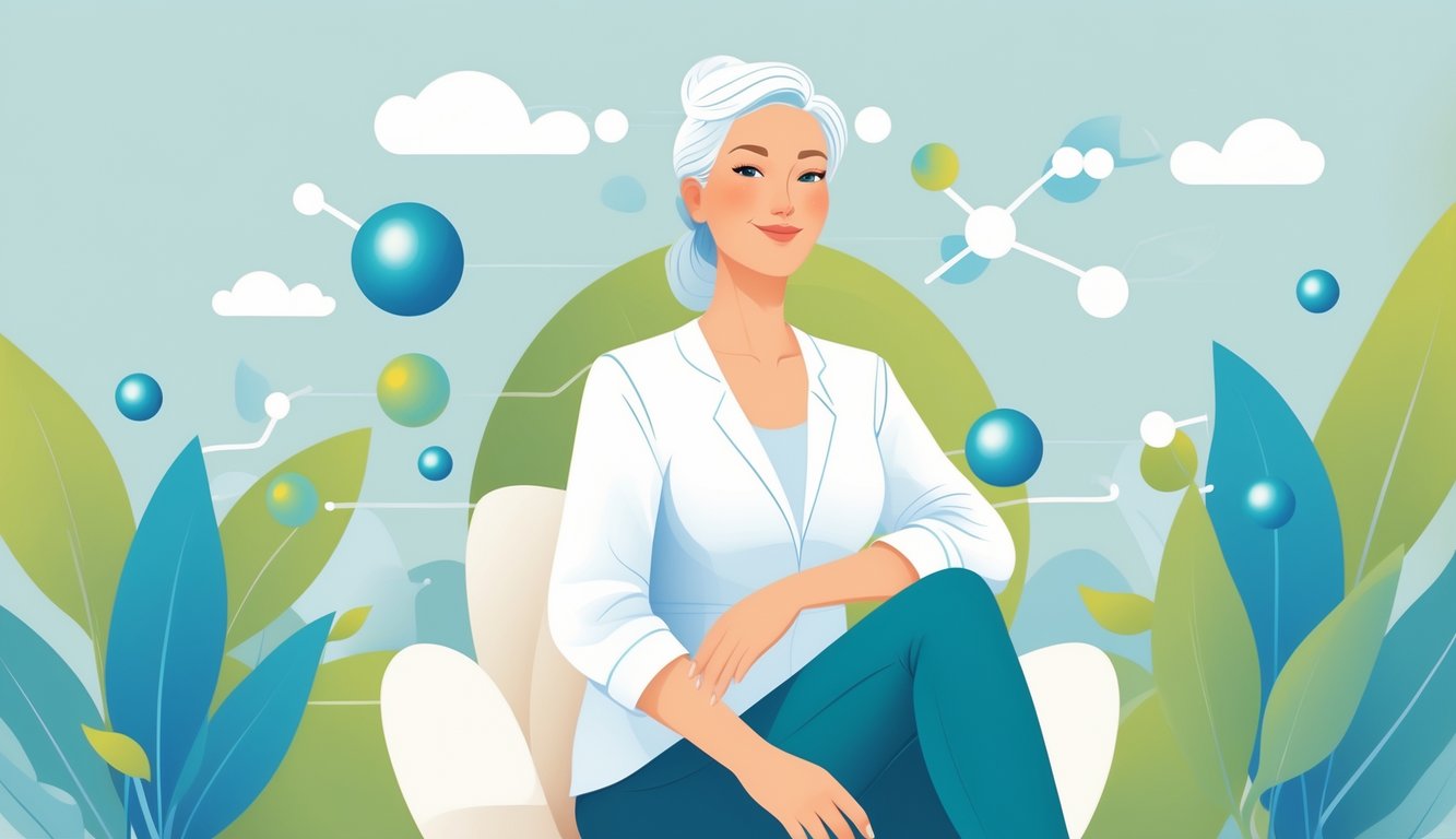 v2-10v7zu-2mce8 - Preventive Medicine Daily A confident postmenopausal woman in her 50s in a calm medical environment, surrounded by abstract symbols representing hormone balance and health.