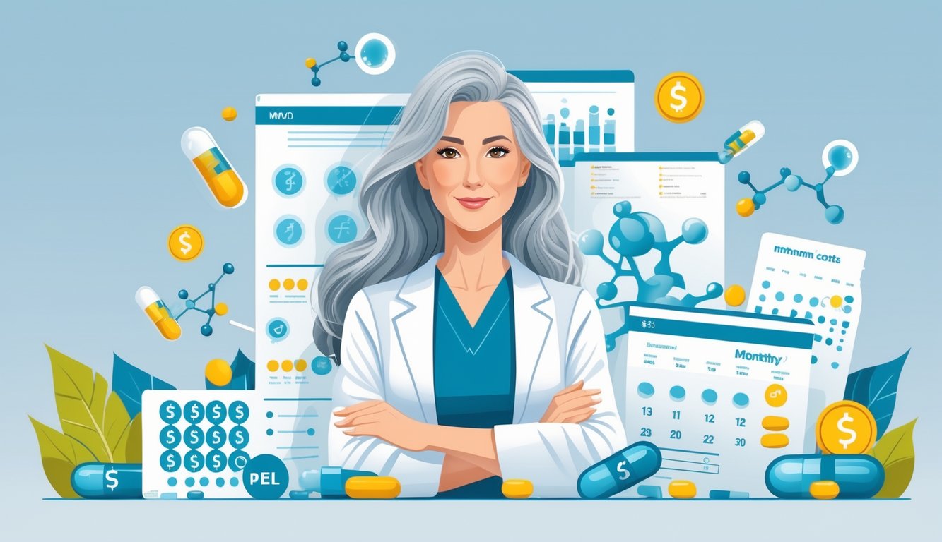 v2-10v80r-sfneh - Preventive Medicine Daily A mature woman surrounded by symbols of hormone therapy treatments and financial elements representing monthly costs.