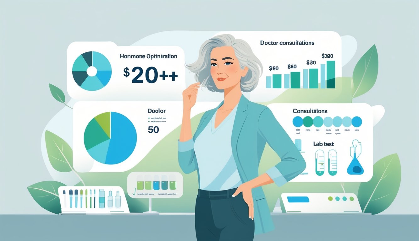 v2-10v81h-ham4v - Preventive Medicine Daily A mature woman surrounded by infographic elements representing hormone therapy costs and components.
