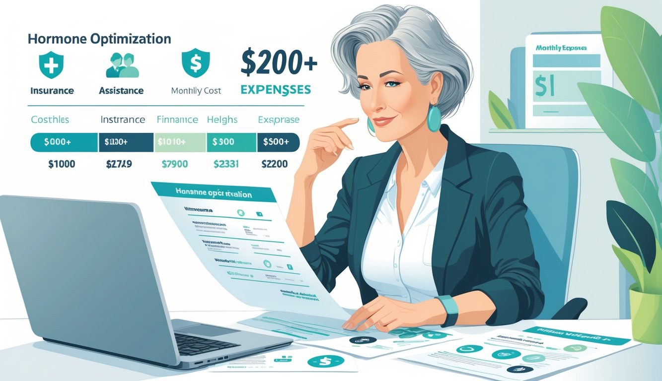 v2-10v82f-2xqir - Preventive Medicine Daily A mature woman over 50 reviewing financial documents and a laptop in a home office, surrounded by icons representing insurance, financial assistance, and medical expenses.