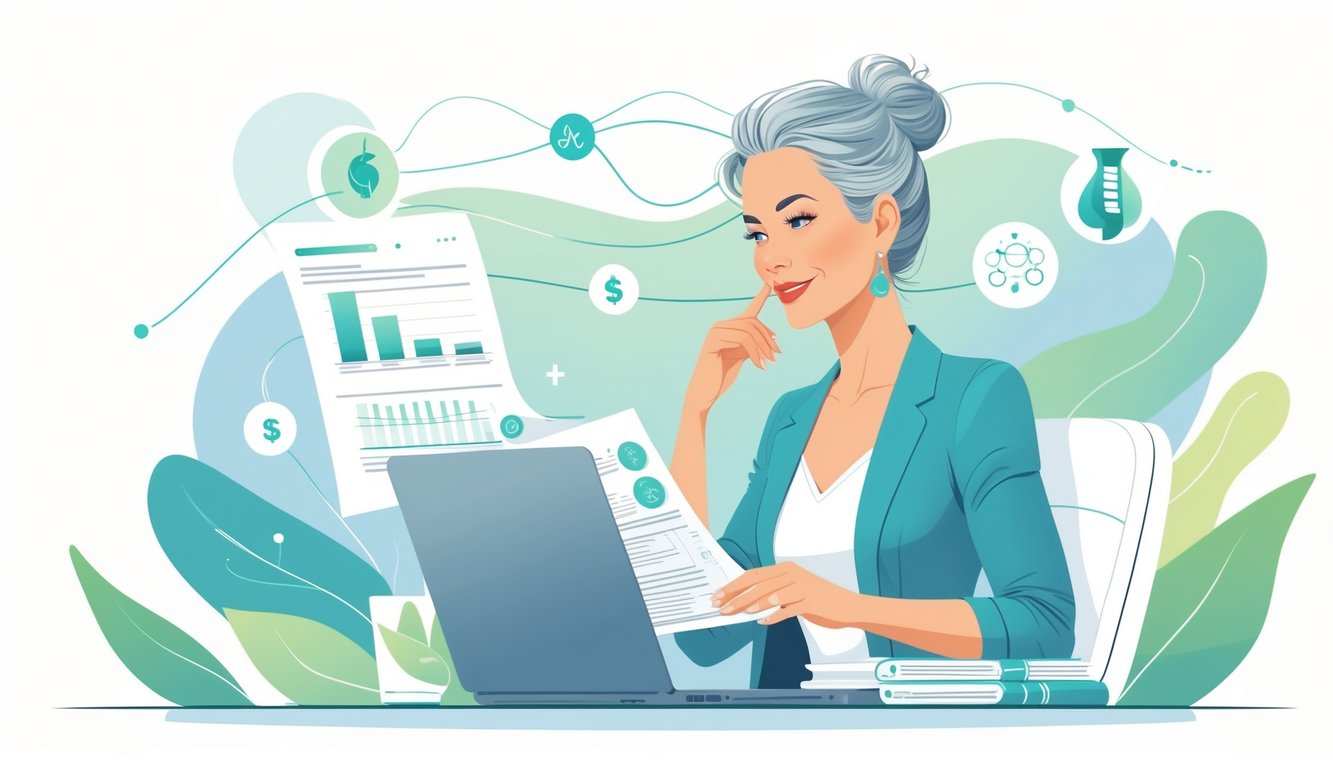 v2-10v837-8xj9o - Preventive Medicine Daily A woman over 50 sitting at a desk, reviewing documents and charts related to health and finances, surrounded by abstract symbols representing hormones and wellness.