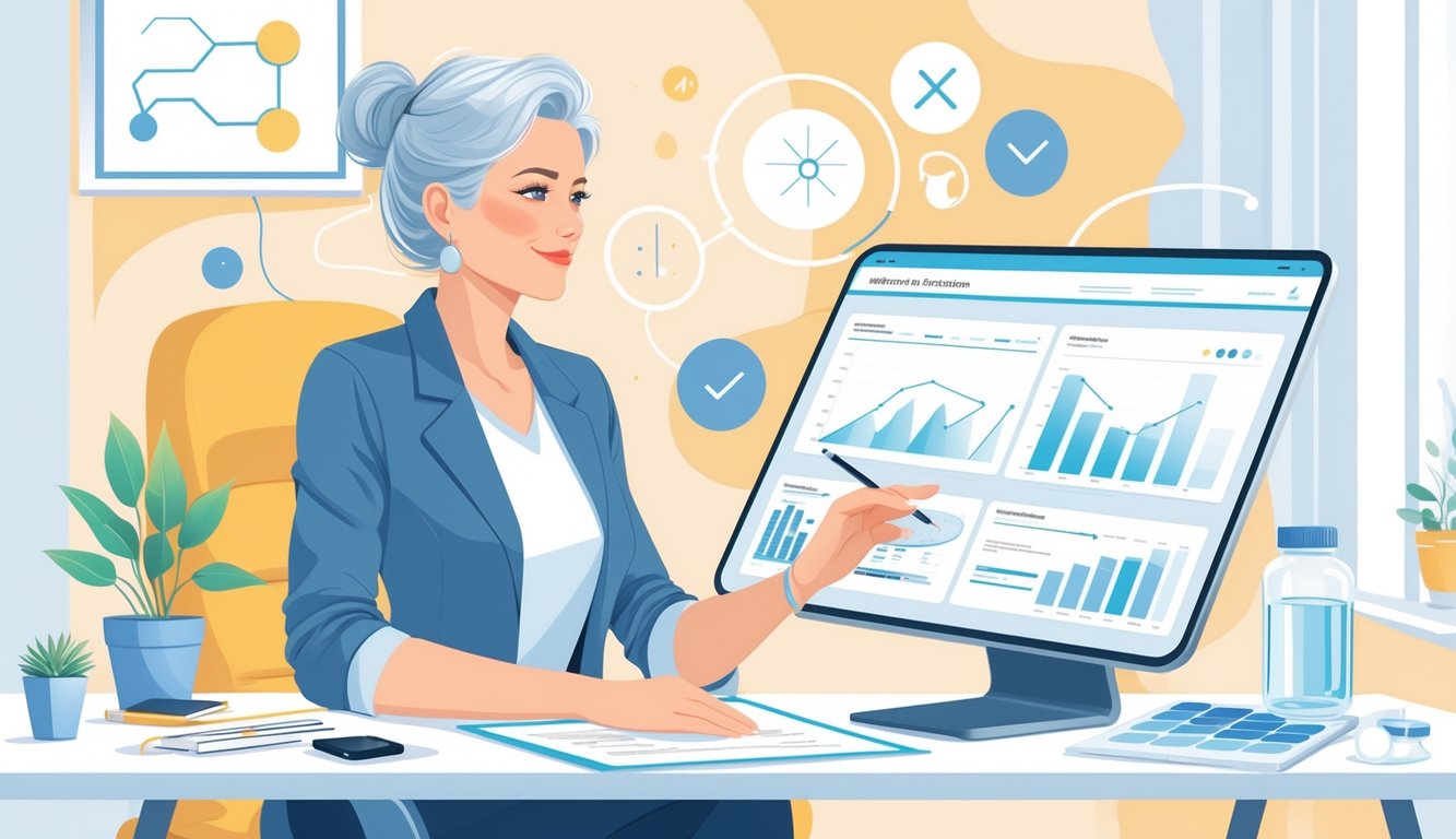 v2-10v848-twqwk - Preventive Medicine Daily A woman over 50 sitting at a desk reviewing documents and a tablet with charts about hormone optimization in a cozy home office.